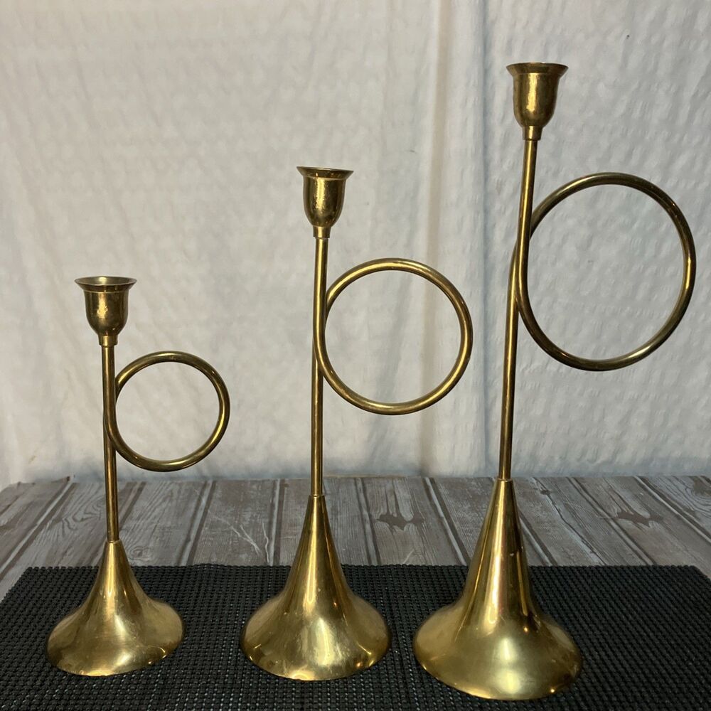 VTG Brass Graduated Trumpet Candlestick Holders India 13” 11” 9” A